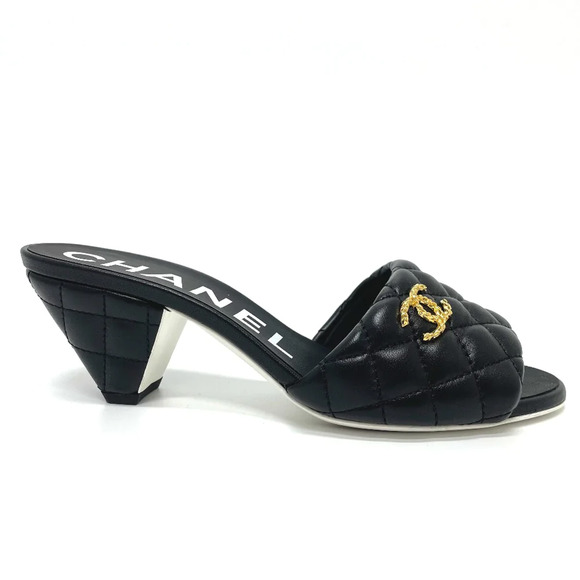 Chanel REV Black Lambskin Quilted CC Gold Logo Cone Heel Mule Slide Sandal 37.5 - Picture 1 of 11